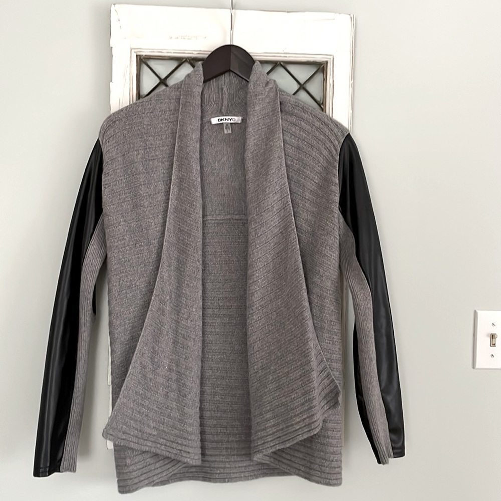 DKNYC open cardigan sweater with faux leather sleeve detail